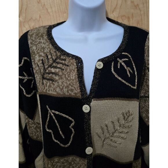 Vintage Christopher & Banks Leaf Pattern Cardigan Sweater Black & Tan Hand Embro - Picture 1 of 9